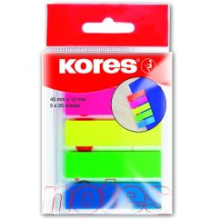 Index autoadeziv din plastic, 12x45mm, 5 culori x 25 file/set, Kores