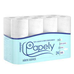 Hartie igienica Papely, 2 straturi, 24 role/pachet, alb