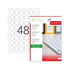 Etichete autocolante repozitionabile Tanex, 48/A4, rotunde D30mm, 25 coli/top, albe