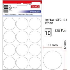 Etichete autocolante Tanex, D32mm, 120 buc/set, albe