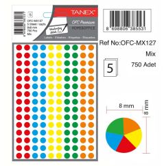 Etichete autocolante color Tanex, D8mm, 240 buc/set, mix culori fluorescente