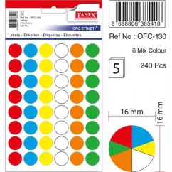 Etichete autocolante color Tanex, D16mm, 240 buc/set, mix culori fluorescente