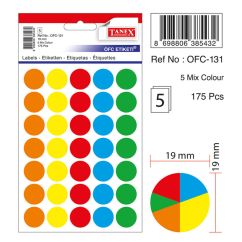Etichete autocolante color Tanex, D19mm, 175 buc/set, mix culori fluorescente