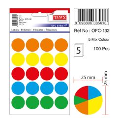 Etichete autocolante color Tanex, D25mm, 100 buc/set, mix culori fluorescente