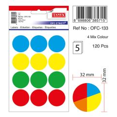 Etichete autocolante color Tanex, D32mm, 60 buc/set, mix culori fluorescente