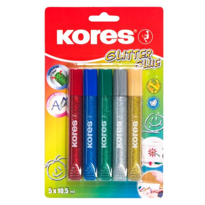 Adezivi si benzi adezive - Lipici lichid, 5 culori x 10.5ml, Kores Glitter