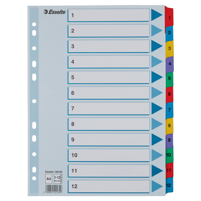 Separatoare din carton A4, index laminat color 1-12, Esselte Mylar