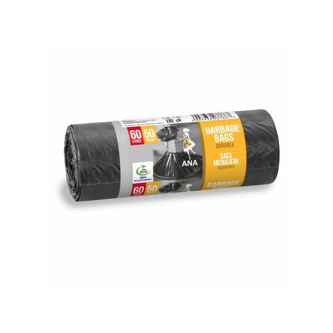 Produse de curatenie - Saci menajeri, 60L, 50 buc/rola, negru, Anna Produse de curatenie - Saci menajeri, 60L, 50 buc/rola, negru, Anna