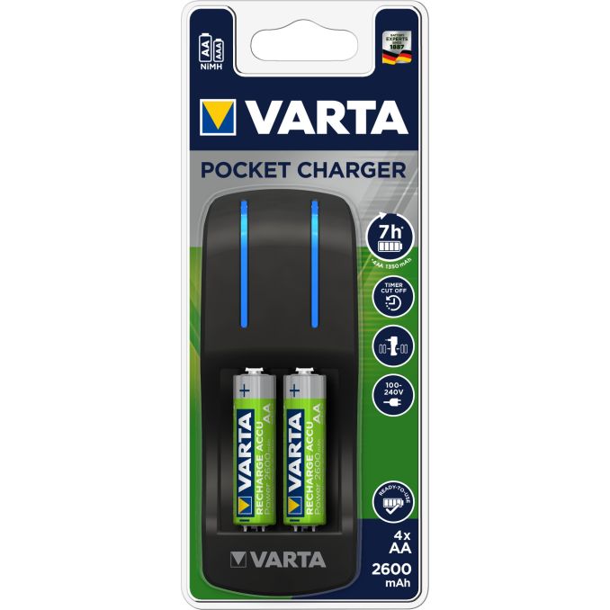 Baterii, acumulatori si incarcatoare - Incarcator AA/AAA + 4 acumulatori AA, 1.2V, 2100mAh, Ni-MH, Varta Pocket