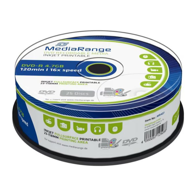 Discuri optice - DVD-R, printabil, 4.7 GB, 16x, 25 buc/set, MediaRange Discuri optice - DVD-R, printabil, 4.7 GB, 16x, 25 buc/set, MediaRange