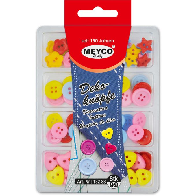 Accesorii creatie, nasturi plastic, 99 buc/set, diferite forme si culori, Meyco