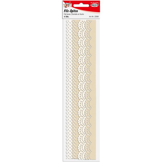 Accesorii creatie, dantela fetru, 2.4/3.0x29.5cm, 1mm, 4 buc/set, alb/crem, Meyco