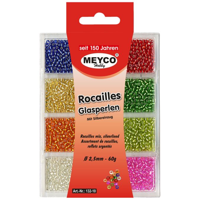 Accesorii creatie, margele de nisip/sticla, Ø 2.5mm, 60g, transparente cu interior argintiu, diferite culori, Meyco Accesorii creatie, margele de nisip/sticla, Ø 2.5mm, 60g, transparente cu interior argintiu, diferite culori, Meyco