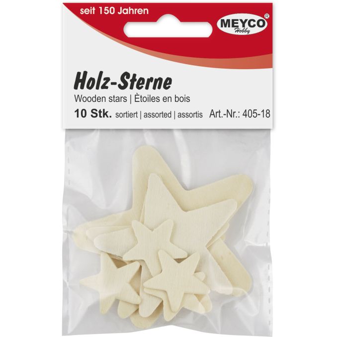 Accesorii creatie/decoratiuni Craciun, stelute, Ø 23/32/52/67mm, 10 buc/set, lemn, natur, Meyco
