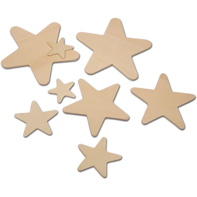 Accesorii creatie/decoratiuni Craciun, stelute, Ø 23/32/52/67mm, 10 buc/set, lemn, natur, Meyco
