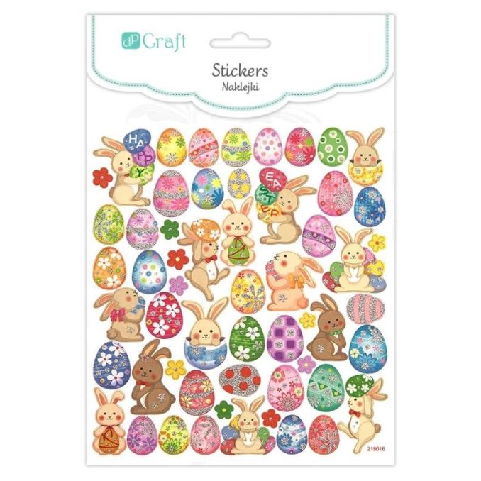 Stickere/abtibilduri cu sclipici, iepurasi si oua de Paste, 56 buc/set, Dp Craft Stickere/abtibilduri cu sclipici, iepurasi si oua de Paste, 56 buc/set, Dp Craft