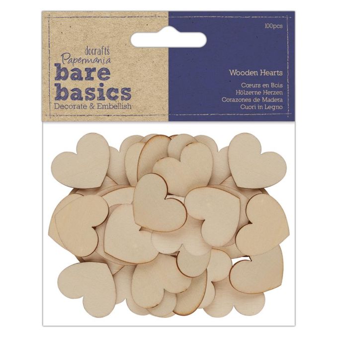 Forme decorative din lemn - inimi, 100 buc/set, natur, Bare Basics Papermania Forme decorative din lemn - inimi, 100 buc/set, natur, Bare Basics Papermania