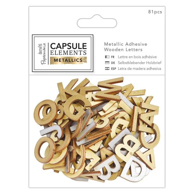 Forme decorative din lemn - litere, (H) 20mm, 81 buc/set, auriu/argintiu, Capsule Elements Papermania Forme decorative din lemn - litere, (H) 20mm, 81 buc/set, auriu/argintiu, Capsule Elements Papermania