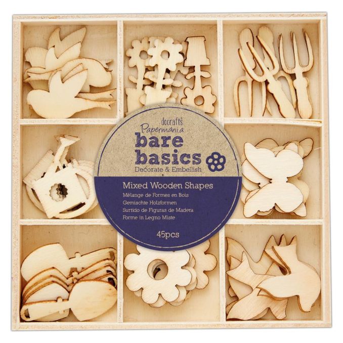 Forme decorative din lemn - Spring Garden, 9 modele diferite, 45 buc/set, natur, Bare Basics Papermania Forme decorative din lemn - Spring Garden, 9 modele diferite, 45 buc/set, natur, Bare Basics Papermania
