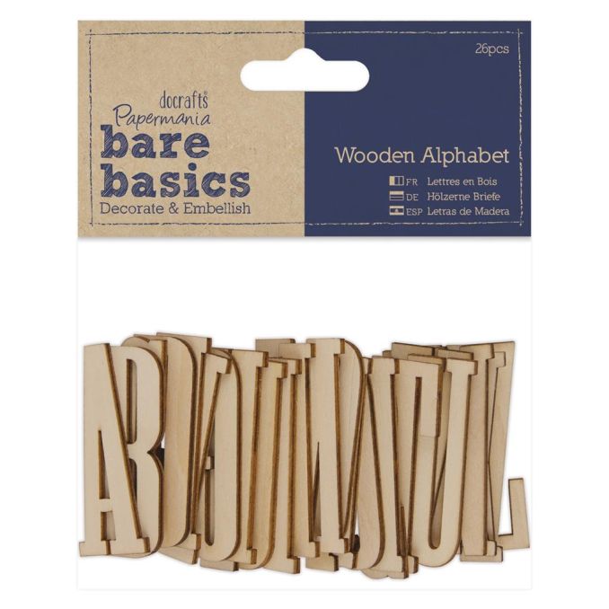 Forme decorative din lemn - litere, (H) 5cm, 26 buc/set, natur, Bare Basics Papermania Forme decorative din lemn - litere, (H) 5cm, 26 buc/set, natur, Bare Basics Papermania