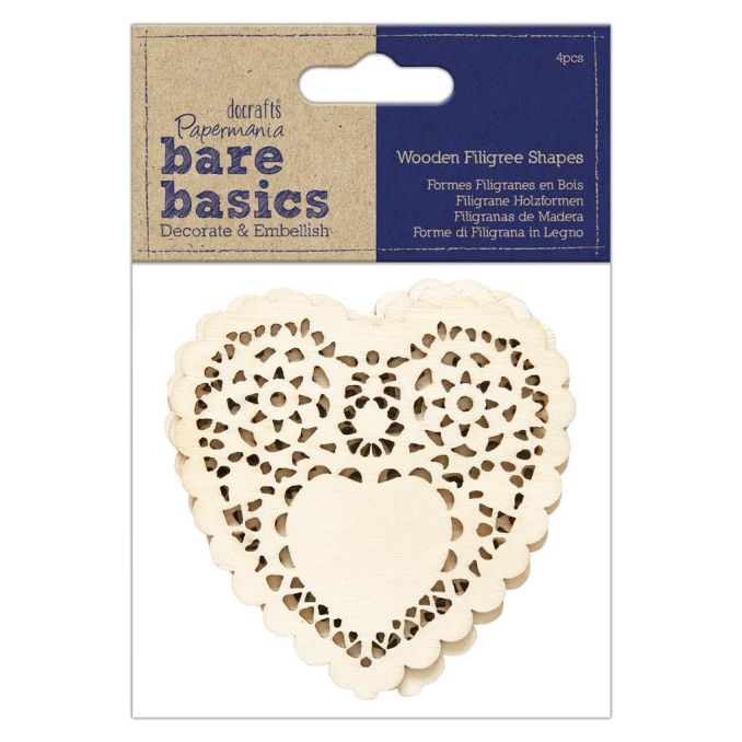 Forme decorative din lemn - inima filigran, 4 buc/set, natur, Bare Basics Papermania Forme decorative din lemn - inima filigran, 4 buc/set, natur, Bare Basics Papermania