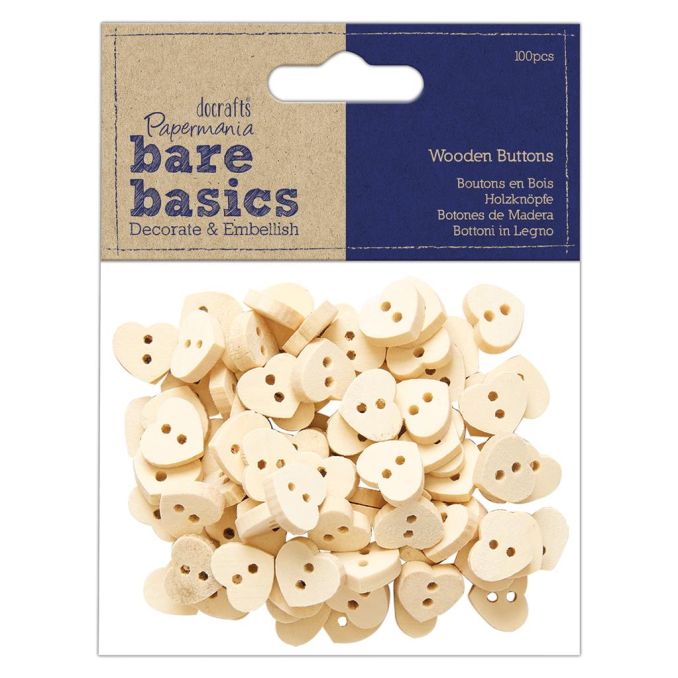Forme decorative din lemn - nasturi inimi, 100 buc/set, natur, Bare Basics Papermania Forme decorative din lemn - nasturi inimi, 100 buc/set, natur, Bare Basics Papermania