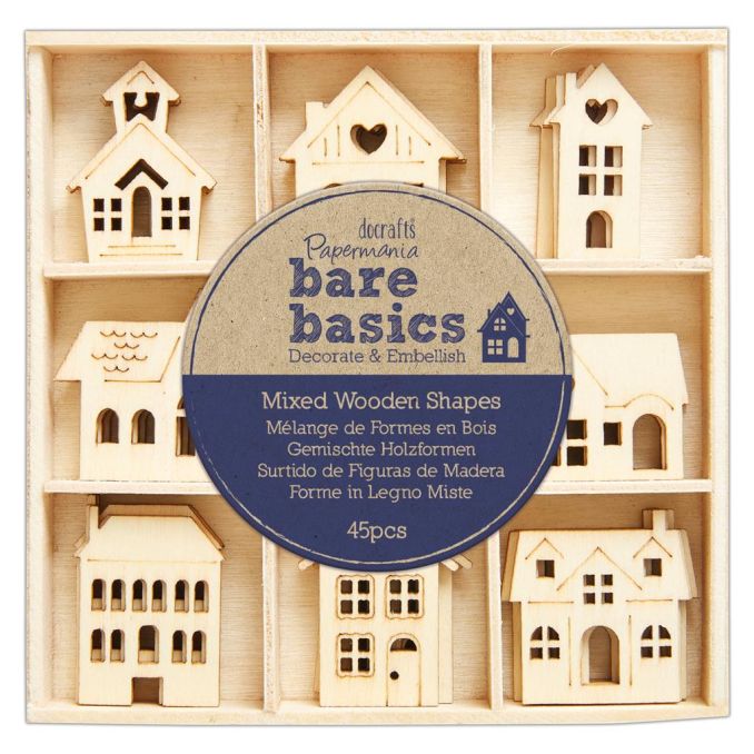 Forme decorative din lemn - Houses, 9 modele diferite 45 buc/set, natur, Bare Basics Papermania Forme decorative din lemn - Houses, 9 modele diferite 45 buc/set, natur, Bare Basics Papermania