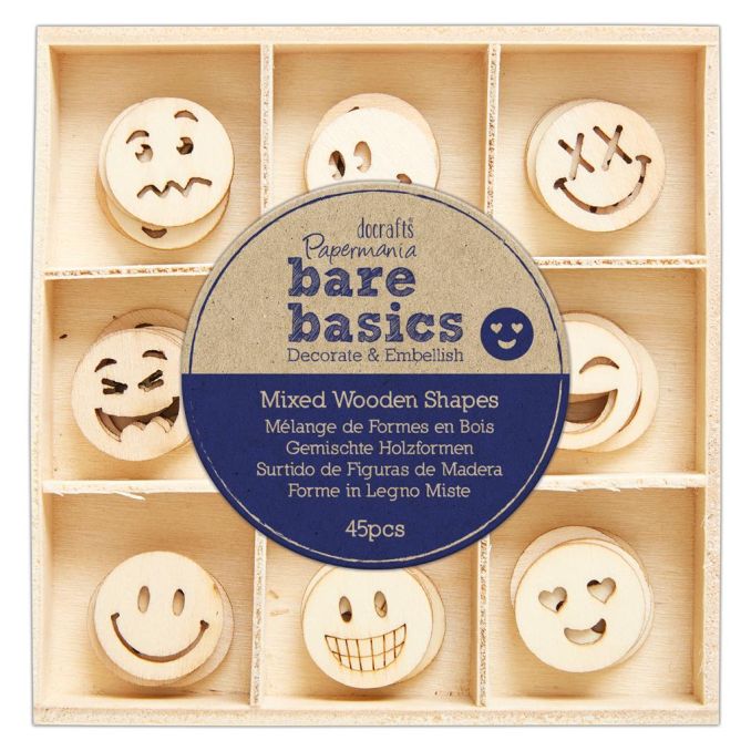 Forme decorative din lemn - Smiley Faces, 9 modele diferite, 45 buc/set, natur, Bare Basics Papermania Forme decorative din lemn - Smiley Faces, 9 modele diferite, 45 buc/set, natur, Bare Basics Papermania