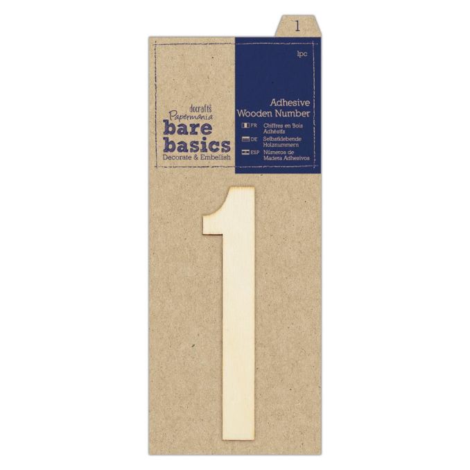 Forme decorative din lemn - numere adezive, cifra 1, (H) 10cm, natur, Bare Basics Papermania
