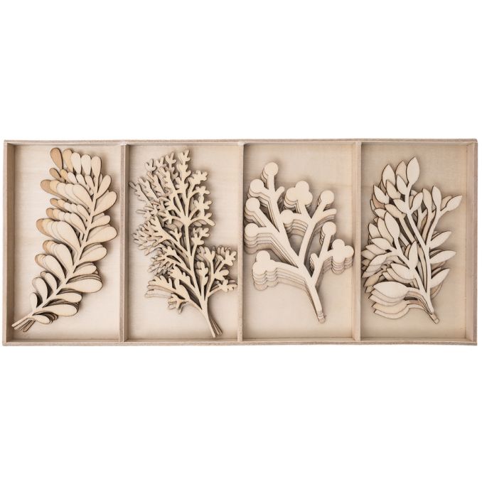 Forme decorative din lemn - frunze/crengute, 4 modele diferite, 20 buc/set, natur, Dp Craft Forme decorative din lemn - frunze/crengute, 4 modele diferite, 20 buc/set, natur, Dp Craft