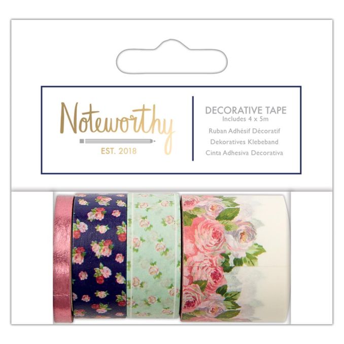 Banda adeziva decorativa washi, 4 benzi cu latimi diferite x 5m, Graphic Florals, Noteworthy Banda adeziva decorativa washi, 4 benzi cu latimi diferite x 5m, Graphic Florals, Noteworthy