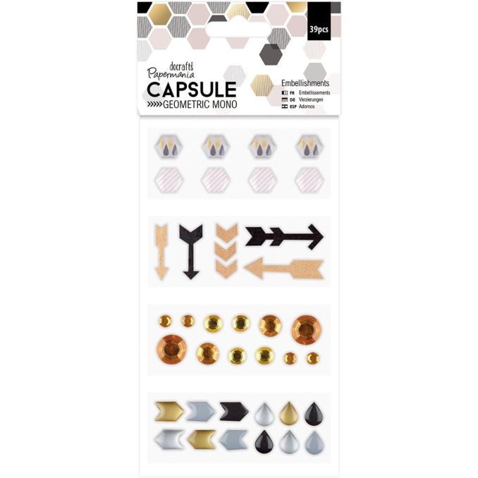 Strasuri/pietre adezive, diferite forme si dimensiuni, 39 buc/set, geometric mono, Capsule, Papermania