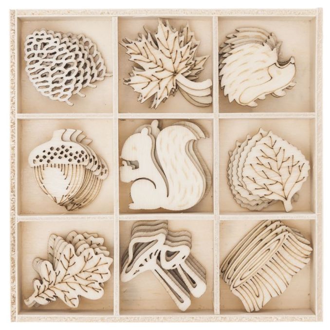 Forme decorative din lemn - Forest, 9 modele diferite, 45 buc/set, natur, Dp Craft Forme decorative din lemn - Forest, 9 modele diferite, 45 buc/set, natur, Dp Craft