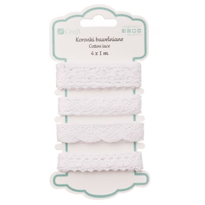Dantela decorativa din bumbac, 4 modele x 1m/set, alb, Dp Craft Dantela decorativa din bumbac, 4 modele x 1m/set, alb, Dp Craft