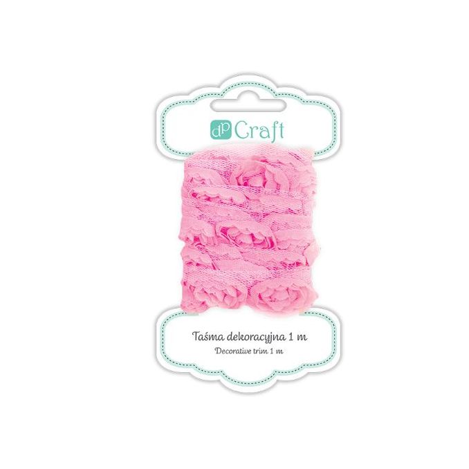 Panglica decorativa din tul cu trandafiri, 2.5cm x 1m, roz, Dp Craft Panglica decorativa din tul cu trandafiri, 2.5cm x 1m, roz, Dp Craft