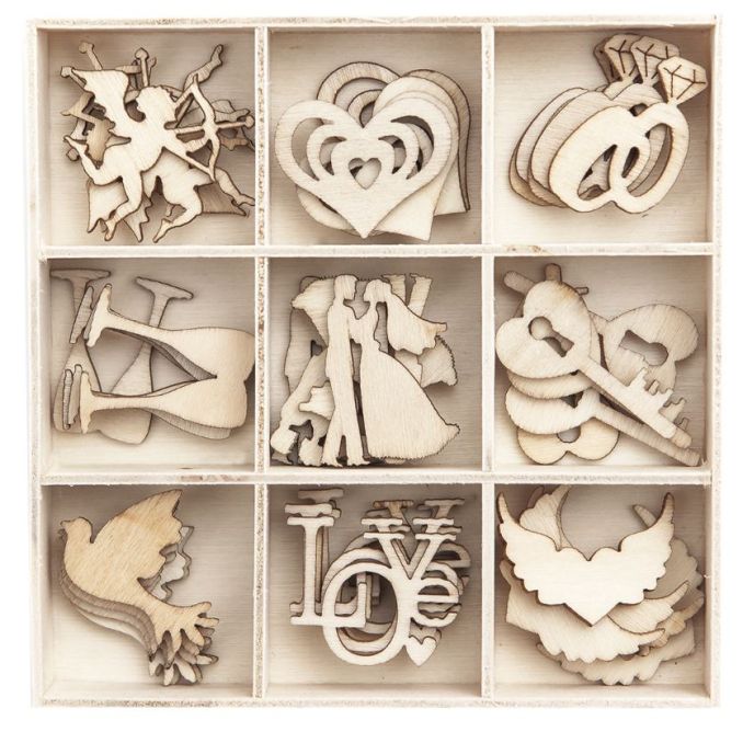 Forme decorative din lemn - Wedding, 9 modele diferite, 45 buc/set, natur, Dp Craft Forme decorative din lemn - Wedding, 9 modele diferite, 45 buc/set, natur, Dp Craft