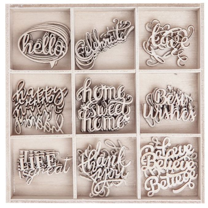 Forme decorative din lemn - Words, 9 modele diferite, 45 buc/set, natur, Dp Craft Forme decorative din lemn - Words, 9 modele diferite, 45 buc/set, natur, Dp Craft