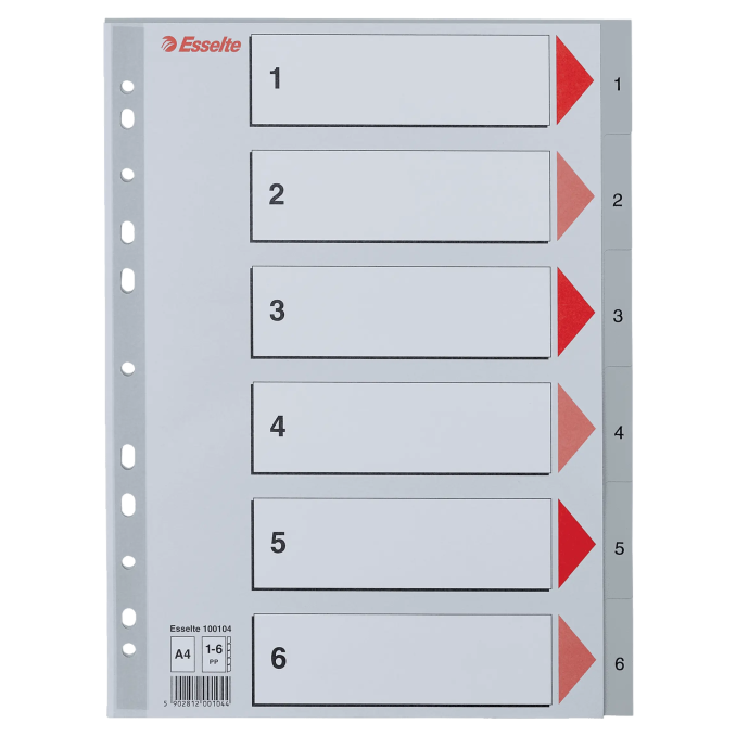 Separatoare din plastic A4, index 1-6, gri, Esselte