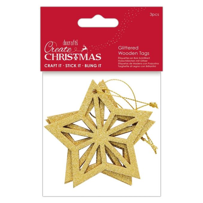 Figurine decorative din lemn - stea cu sclipici, cu agatatoare, 8cm, 3 buc/set, auriu, Create Christmas Figurine decorative din lemn - stea cu sclipici, cu agatatoare, 8cm, 3 buc/set, auriu, Create Christmas