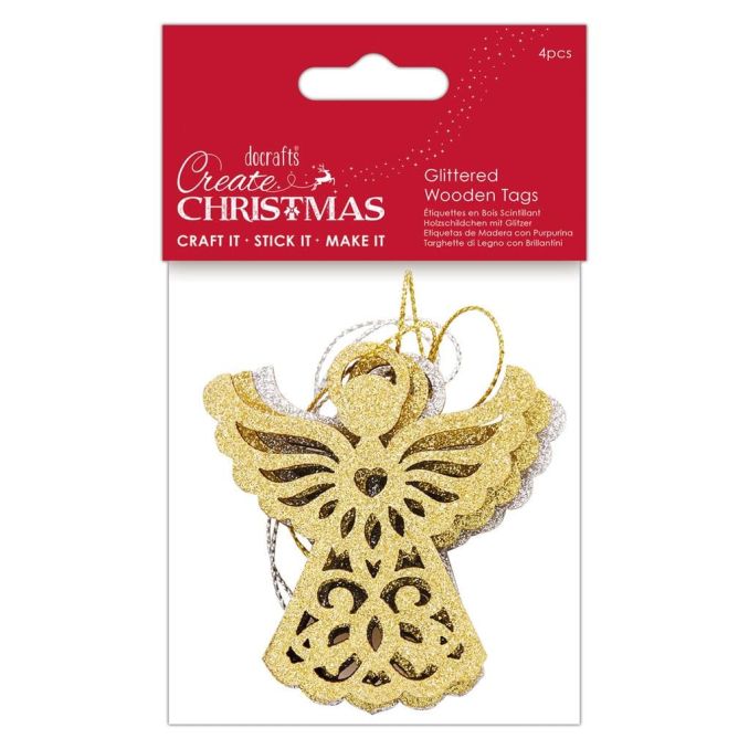 Figurine decorative din lemn - ingeras cu sclipici, cu agatatoare, 6cm, 4 buc/set, auriu, Create Christmas Figurine decorative din lemn - ingeras cu sclipici, cu agatatoare, 6cm, 4 buc/set, auriu, Create Christmas