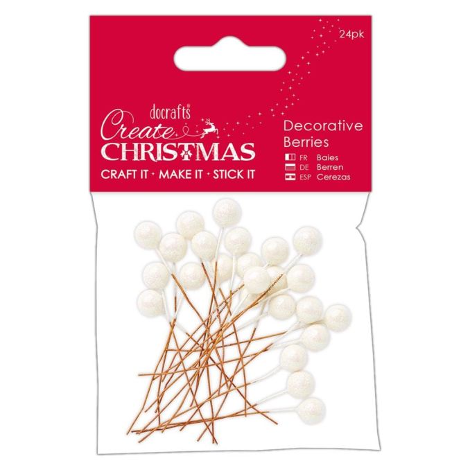 Ilicele/bobite decorative pe sarma, 1cm, 24 buc/set, alb cu aspect inghetat, Create Christmas Ilicele/bobite decorative pe sarma, 1cm, 24 buc/set, alb cu aspect inghetat, Create Christmas