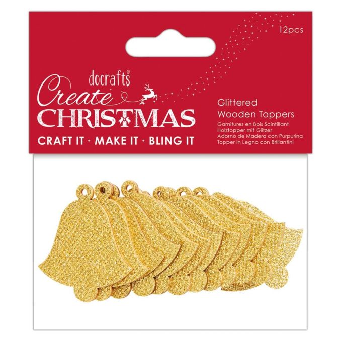 Figurine decorative din lemn - clopotei cu sclipici, 5cm, 12 buc/set, auriu, Create Christmas Figurine decorative din lemn - clopotei cu sclipici, 5cm, 12 buc/set, auriu, Create Christmas