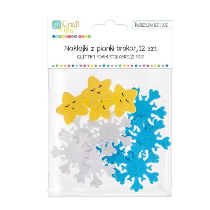 Figurine adezive din spuma/hartie gumata - stelute si fulgi de nea cu sclipici, 3.5/5cm, 12 buc/set, Dp Craft