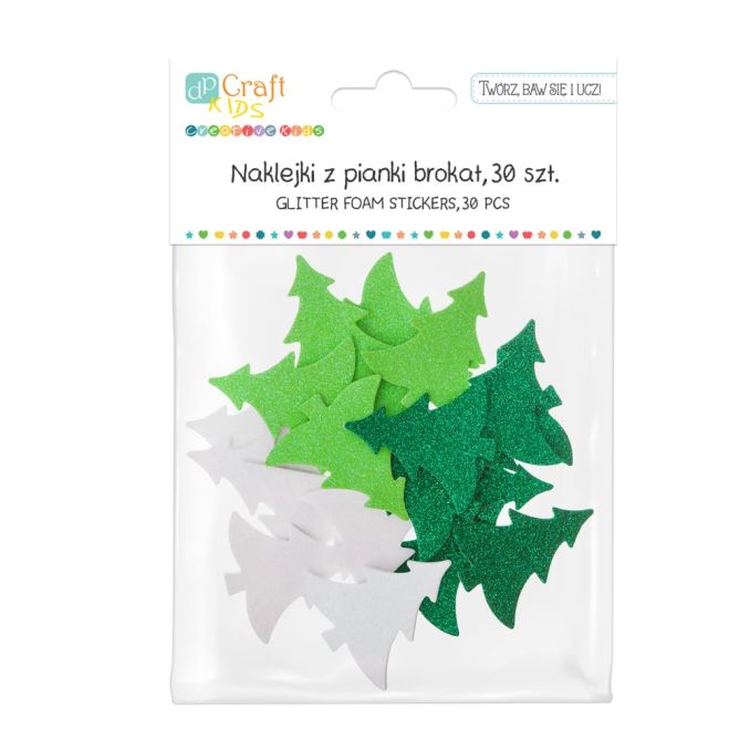 Figurine adezive din spuma/hartie gumata - brazi de Craciun cu sclipici, 6x5cm, 30 buc/set, Dp Craft