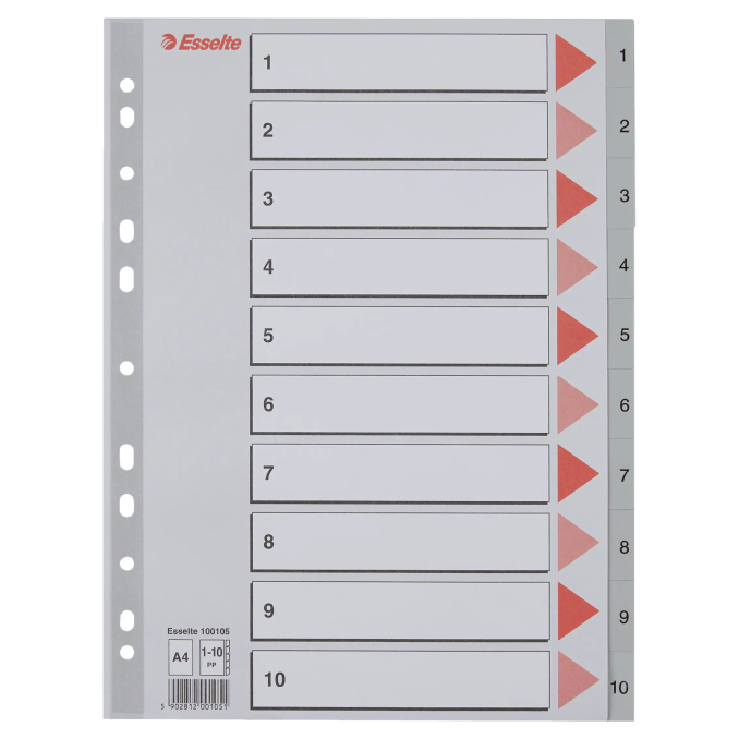 Separatoare din plastic A4, index 1-10, gri, Esselte Separatoare din plastic A4, index 1-10, gri, Esselte