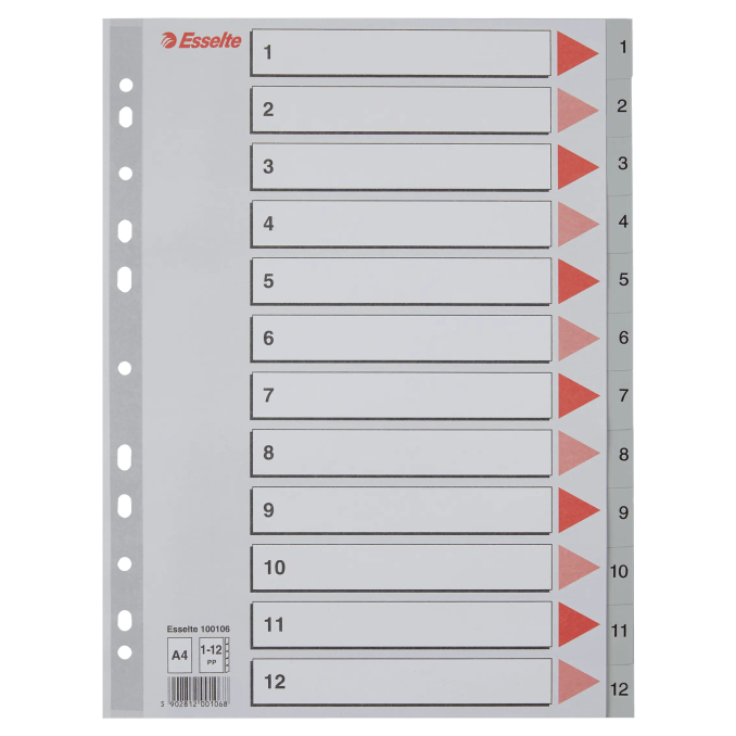 Separatoare din plastic A4, index 1-12, gri, Esselte