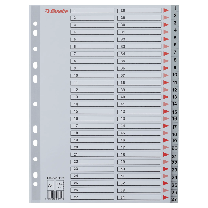 Separatoare din plastic A4, index 1-54, gri, Esselte