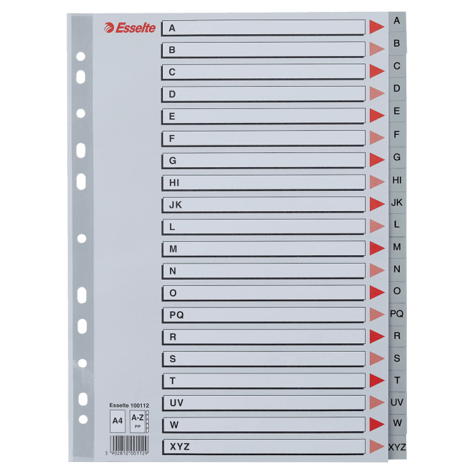 Separatoare din plastic A4, index A-Z, gri, Esselte