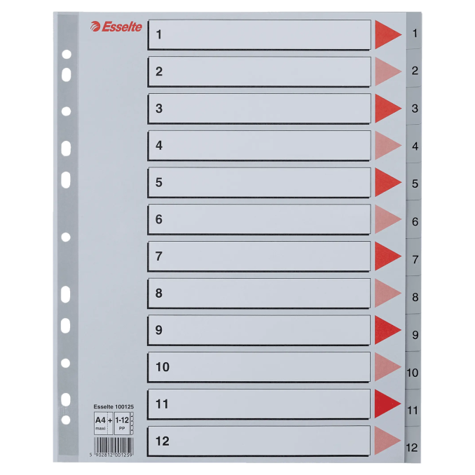 Separatoare din plastic A4 Maxi, index 1-12, gri, Esselte Separatoare din plastic A4 Maxi, index 1-12, gri, Esselte
