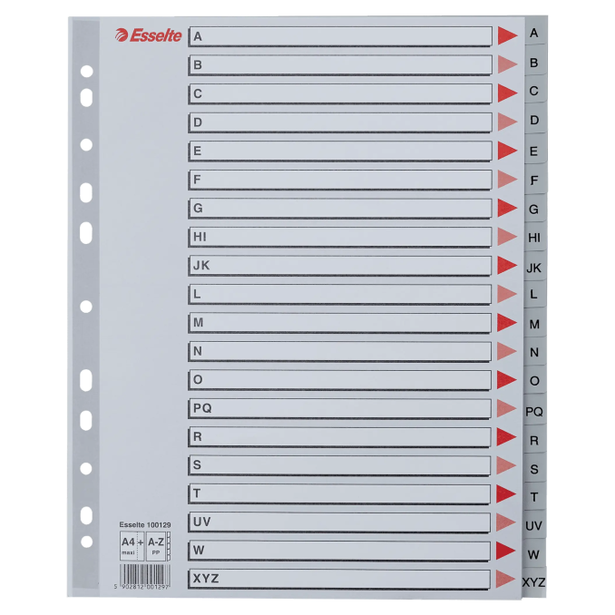 Separatoare din plastic A4 Maxi, index A-Z, gri, Esselte